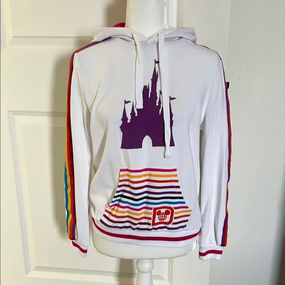 NWOT Disney World White Rainbow Stripes Hoodie Small - Picture 1 of 8